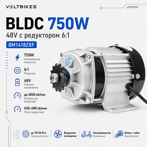 Двигатель постоянного тока (BLDC) 750W, бесколлекторный с редуктором 6:1